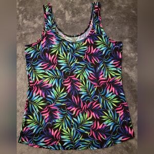 No Boundaries Tropical Leaf Print Tank — Black with Neon Pink, Blue & Green